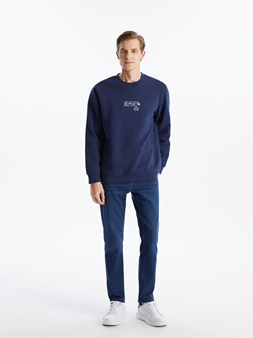 Bisiklet Yaka Uzun Kollu Bask?l? Erkek Sweatshirt