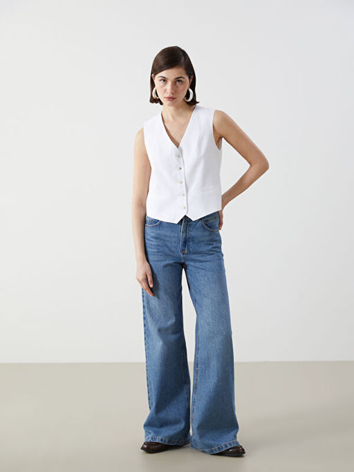 V Yaka Keten Kar???ml? Kad?n Klasik Yelek