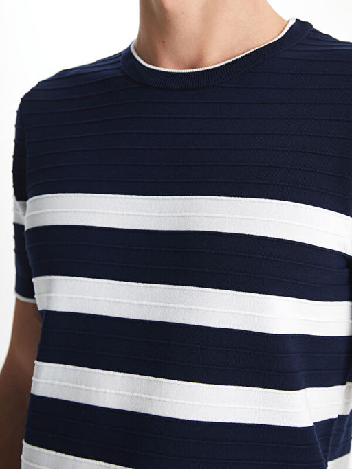 Bisiklet Yaka K?sa Kollu ?izgili Erkek Triko Kazak