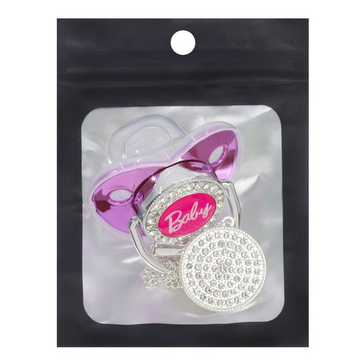 Соска - пустышка силиконовая ортодонтическая M&B «BABY», от 6 мес., с колпачком, держатель - цепочка, цвет розовый/серебро, стразы