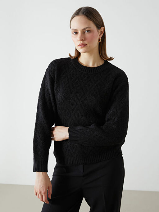 Bisiklet Yaka Baklava Desenli Kad?n Triko Kazak