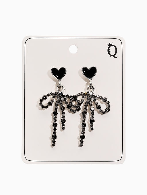 Серьги «Бантики с сердечками», чёрно-серые в серебре