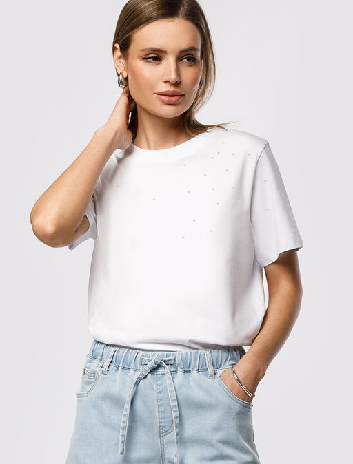 Футболка из премиального хлопка с принтом стразами - Vilatte фото 3