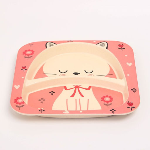 Набор детской бамбуковой посуды Кошечка, тарелка, миска, стакан, приборы, 5 предметов - Крошка я фото 4