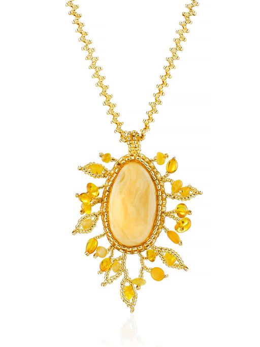 Красивое плетёное колье из бисера и натурального медового янтаря Лукоморье