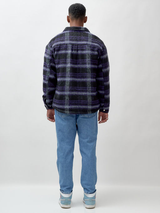 Куртка рубашка шерстяная в клетку мужская демисезонная темно-фиолетового цвета 58569TF