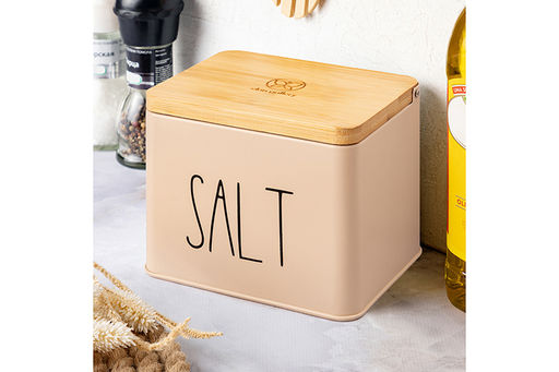 Емкость для хранения 1,5 л 14*11*11 см SALT с деревянной крышкой, бежевая