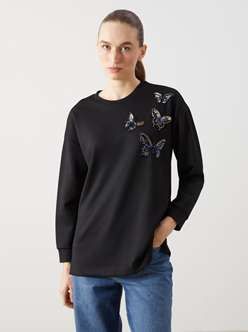 Bisiklet Yaka ??lemeli Oversize Kad?n Sweatshirt Tunik