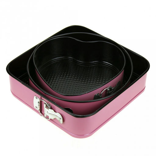 Форма для выпечки 3 штуки: 26х26см h7см; д24,5см h7,5см; 22х21см h7,5см, разъемная, металл, тефлоновое покрытие, цветной корпус-микс (Китай)