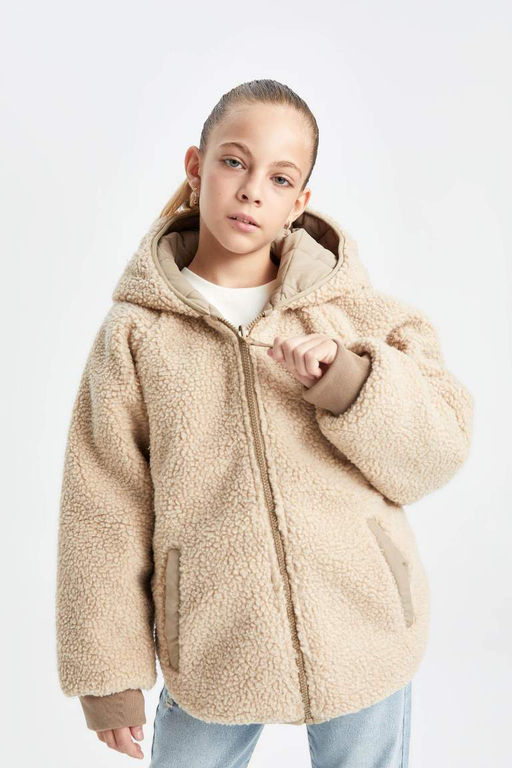 Плюшевое пальто с капюшоном и карманами на двусторонней молнии для девочек - Defacto фото 7