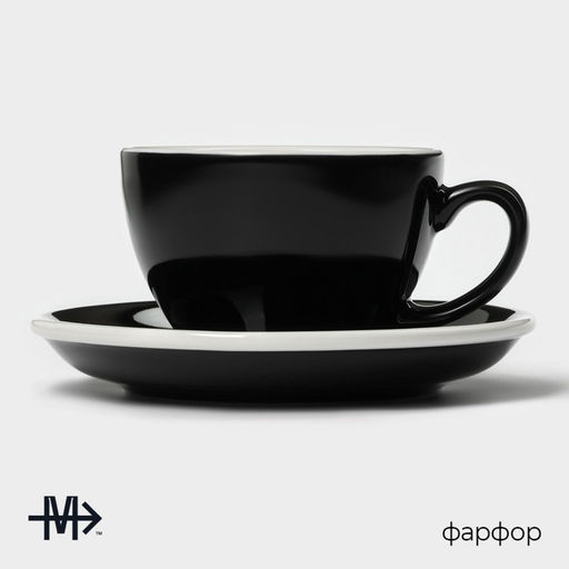 Кофейная пара Magistro Coffee time, 2 предмета: чашка 200 мл, блюдце d=14.5 см, фарфор, чёрная