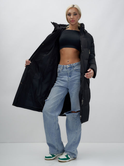 Пальто утепленное стеганное зимнее с капюшоном женское черного цвета 9639Ch - Mtforce фото 15