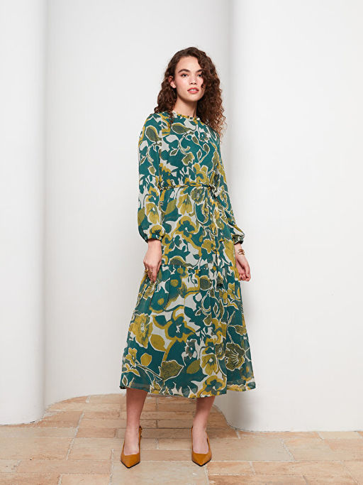 F?rf?rl? Dik Yaka Desenli Uzun Kollu Elbise