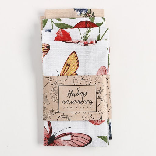 Набор полотенец Доляна Луговые цветы 28?46 см - 4 шт., 100% хлопок, вафля 160 г/м?