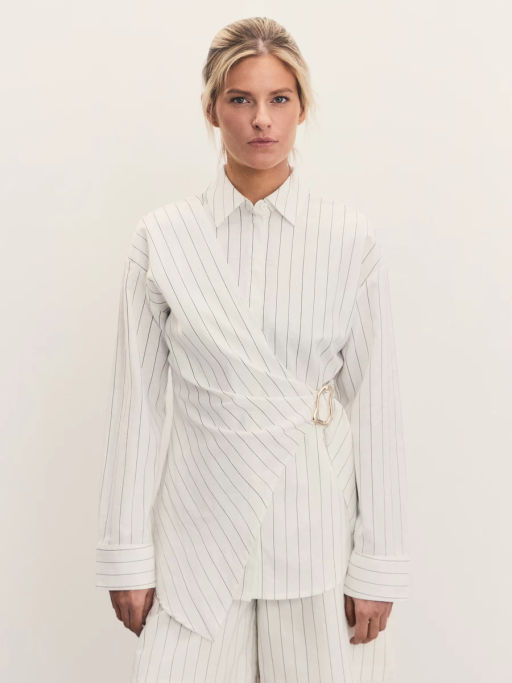 Льняная рубашка в полоску с декоративной пряжкой / Zarina  фото 4