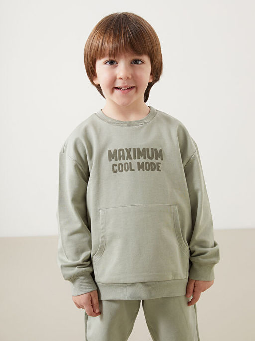 Bisiklet Yaka Bask?l? Erkek ?ocuk Sweatshirt ve E?ofman Alt 2li