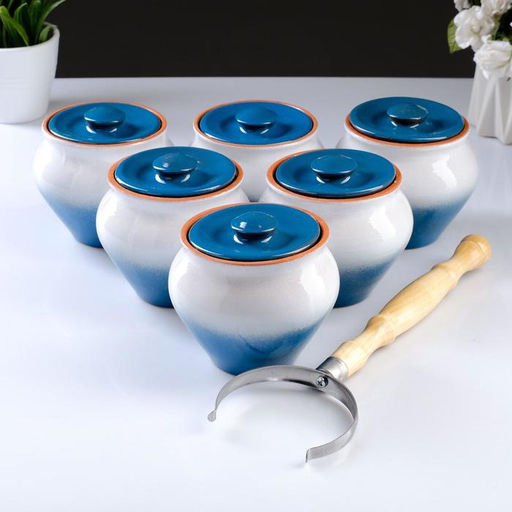 Горшочки для запекания Вятская керамика, набор 6 шт., ухват, 500 мл, МИКС