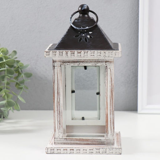 Деревянный подсвечник-фонарь на 1 свечу «Состаренный», белый, 12.5×12.5×25 см