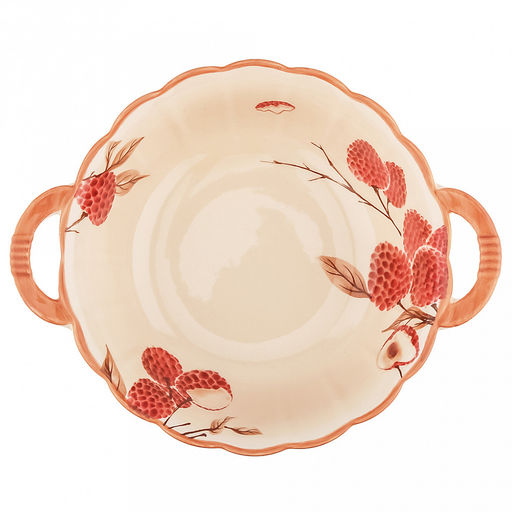 "Шелковый личи" Салатник фарфоровый 1,1л, д19,3см, h7см, с деколью, 2 ручки (24х7,5см), отводка, волнистый борт, рифленый край, бежевый (Китай)