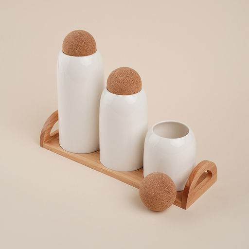 Банки для сыпучих SL Home Тренто, 450/700/900 мл, набор 3 шт., на деревянной подставке, фарфор, белые