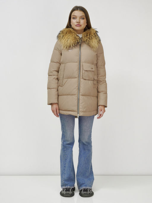 Куртка Бренд Visdeer ПРЕМИУМ КЛАССА зимняя с мехом ЕНОТА, бежевого цвета  фото 2