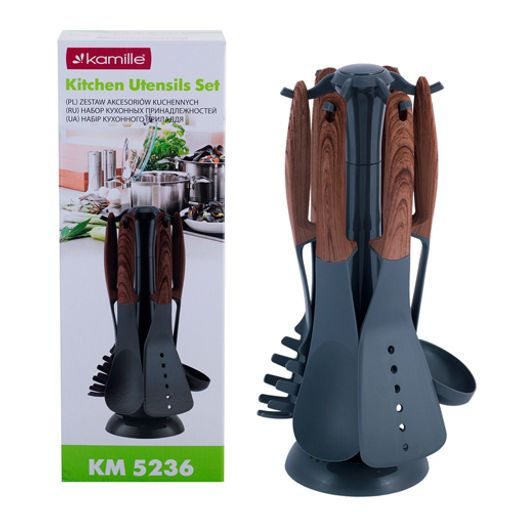 Набор кухонных принадлежностей с подставкой 7 предметов нейлоновые с ручкой под дерево (5236) /KAMILLE/