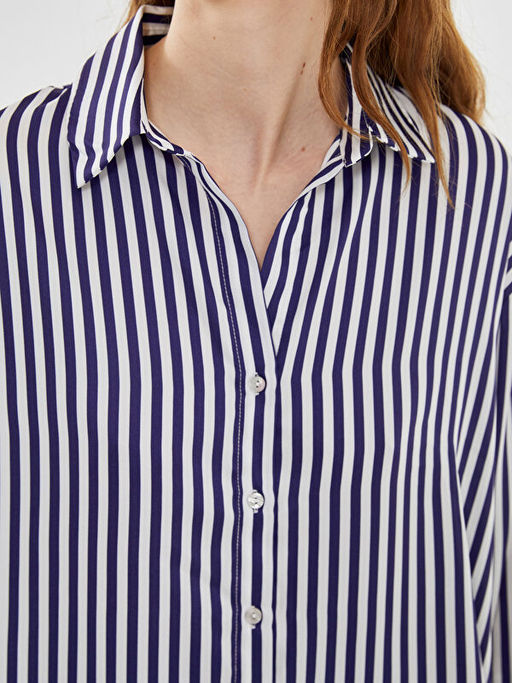 ?izgili Uzun Kollu Oversize Saten Kad?n G?mlek