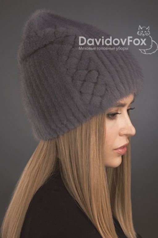 Шапка Бини норка орнамент серо-голубая