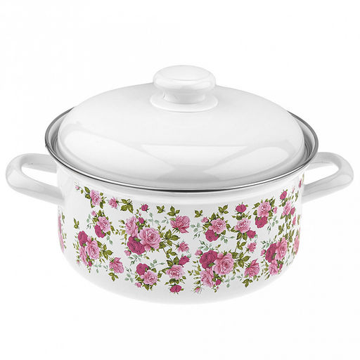 "Китайская роза" Кастрюля эмалированная 3л, форма цилиндрическая, металлическая крышка (Россия)
