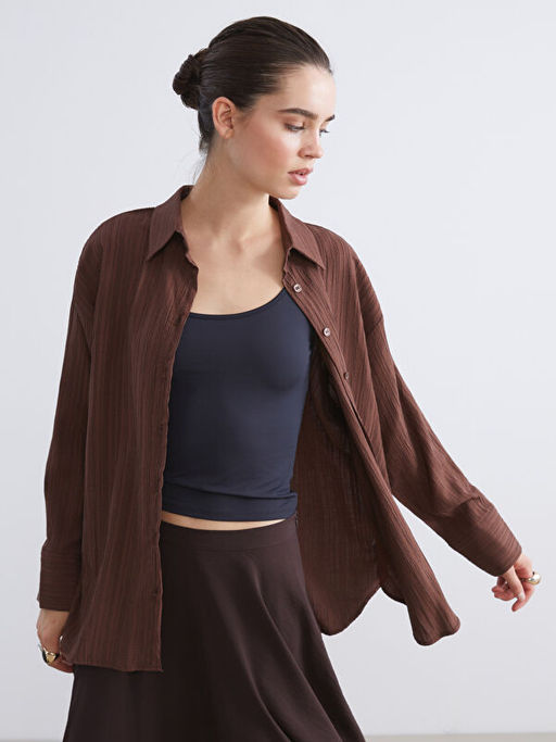 ?izgili Keten Kar???ml? Oversize Kad?n G?mlek