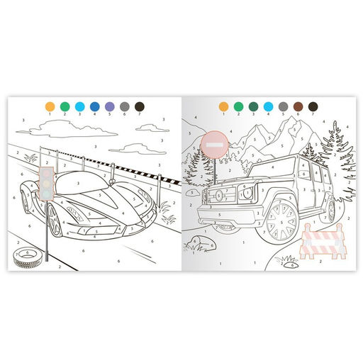 Раскраска по номерам с наклейками Крутые гонки, 16 стр.