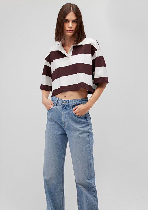 Cizgili Crop Polo Tisort