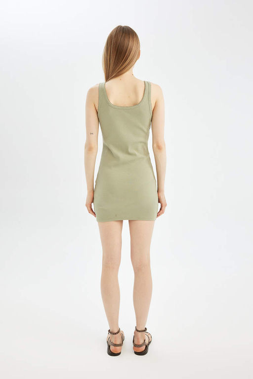 Мини-платье Cool Bodycon с круглым вырезом в рубчик и лямками - Defacto фото 5
