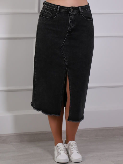 Юбка джинсовая с бахромой и разрезом спереди - Almond фото 3