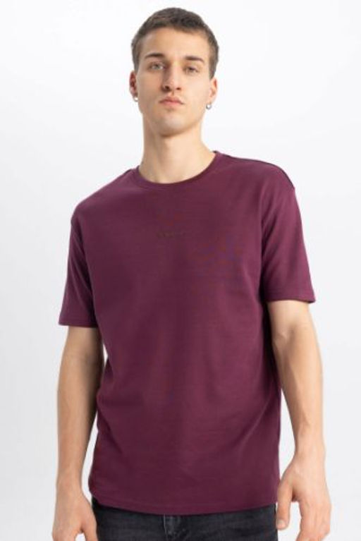 Regular Fit Bisiklet Yaka Bask?l? K?sa Kollu Ag?r Kumas Tisort