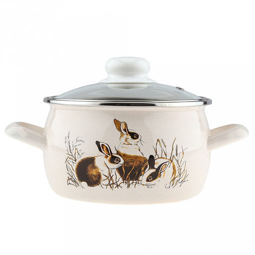 Зайчата Кастрюля эмалированная 2,0л, форма полусфера, стеклянная крышка, нержавеющий ободок (Россия) - Домашняя мода фото 2