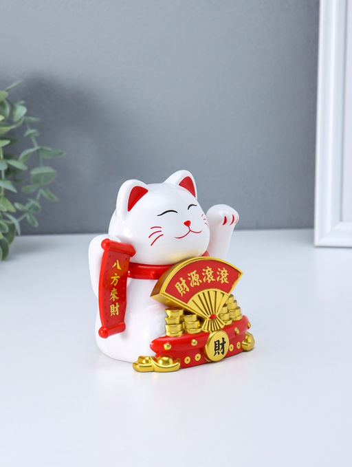 Маятник настольный антистресс от солнечной батареи «Белый кот Манэки-нэко с веером», 11.2×14.3×15.3 см