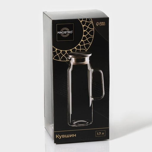 Кувшин для воды Magistro «Богема», 1.7 л, 10×27.5 см, с металлической крышкой, стекло, прозрачный, серебристая крышка