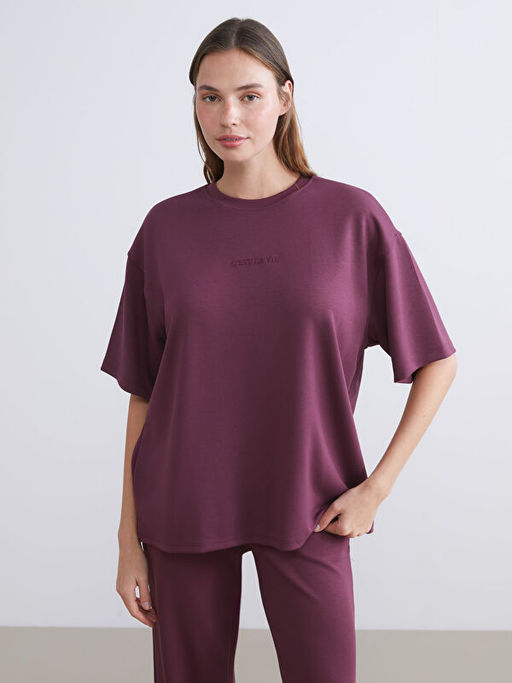 Bisiklet Yaka Nak??l? Oversize Kad?n Ti??rt
