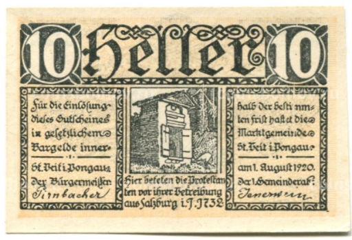 Банкнота 10 геллеров 1920 года Австрия Санкт-Файт-им-Понгау (нотгельд)