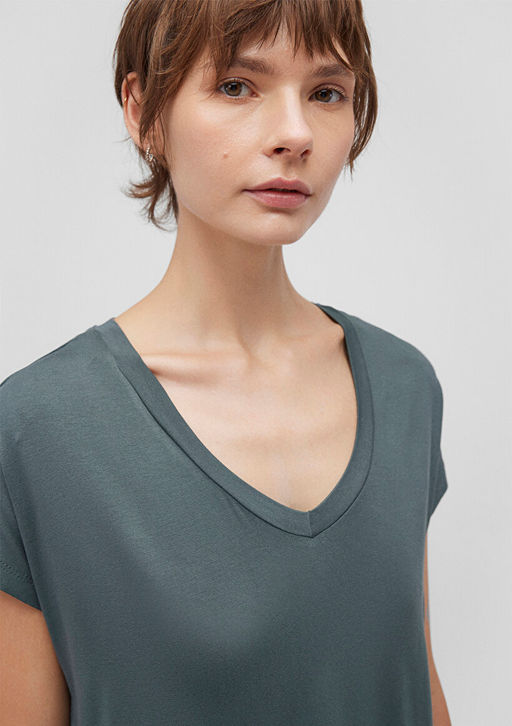 V Yaka Yesil Basic Viskoz Tisort - Mavi фото 5