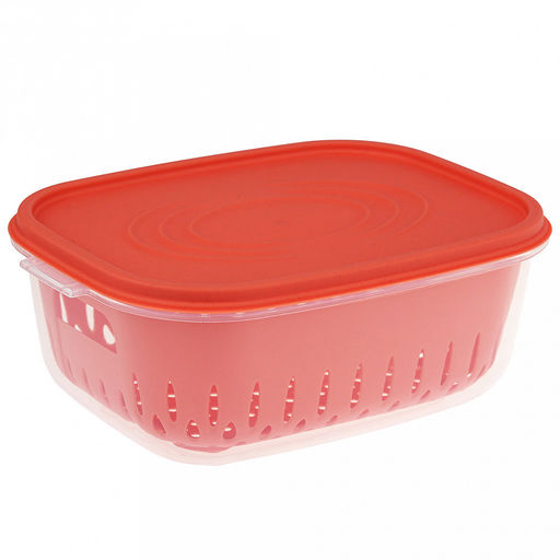 Лоток пластмассовый с решетчатой вставкой (дуршлаг) для мытья и хранения овощей, фруктов и ягод, 1,4л 18х14см h8см, с крышкой, цвета в ассортименте: белый; коралловый; зеленый, в п/эт пакете (Китай)
