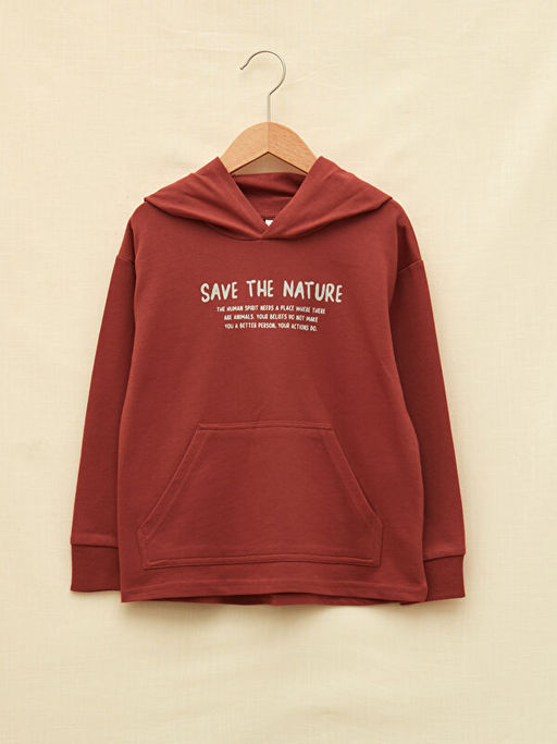 Kap??onlu Bask?l? Uzun Kollu Erkek ?ocuk Sweatshirt