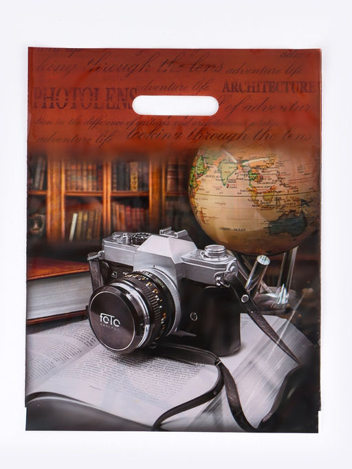 Цена за 50 шт. Пакет подарочный «Объектив» полиэтиленовый с вырубной ручкой, ламинированый 31×40 см, 30 мкм