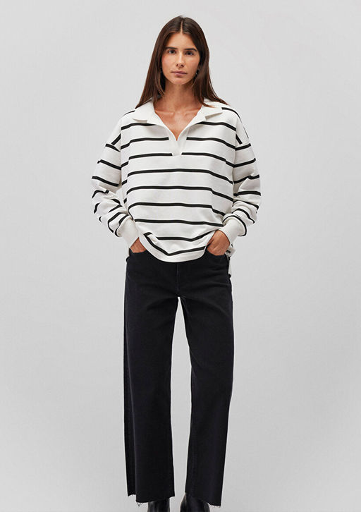 Siyah Cizgili Polo Yaka Sweatshirt - Mavi фото 3