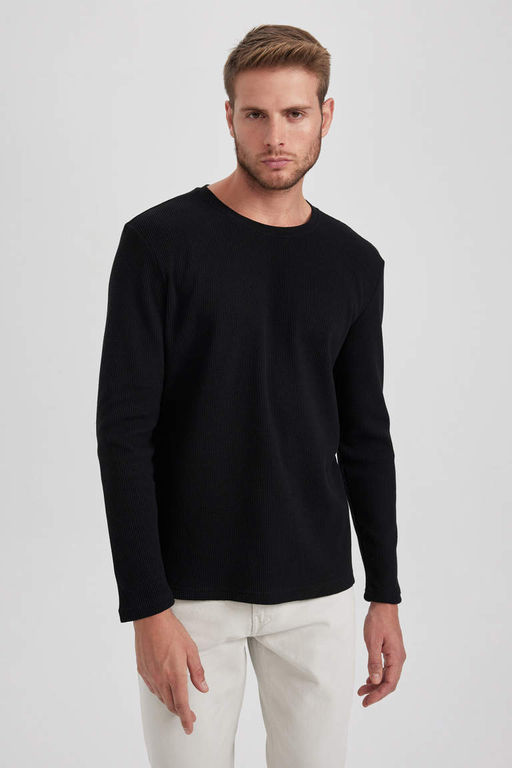 Базовая футболка узкого кроя с круглым вырезом и длинными рукавами - Defacto фото 3