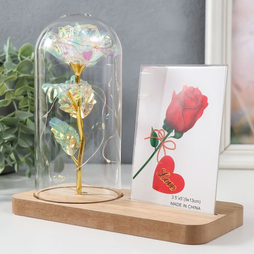 Фоторамка для фото 9×13 см настольная светящаяся «Голография. Роза в колбе», от батареек, 2×LR1130, 9.8×19.5×18 см