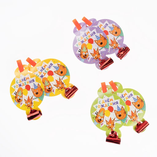 Карнавальные язычки гудки "Три Кота. Играем вместе", желтый, 11 см, 6 шт.