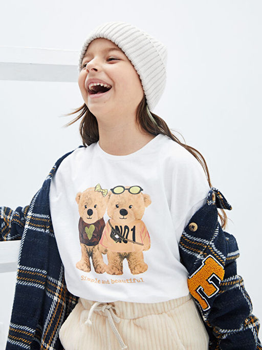 Bisiklet Yaka Bask?l? Uzun Kollu Pamuklu K?z ?ocuk Ti??rt