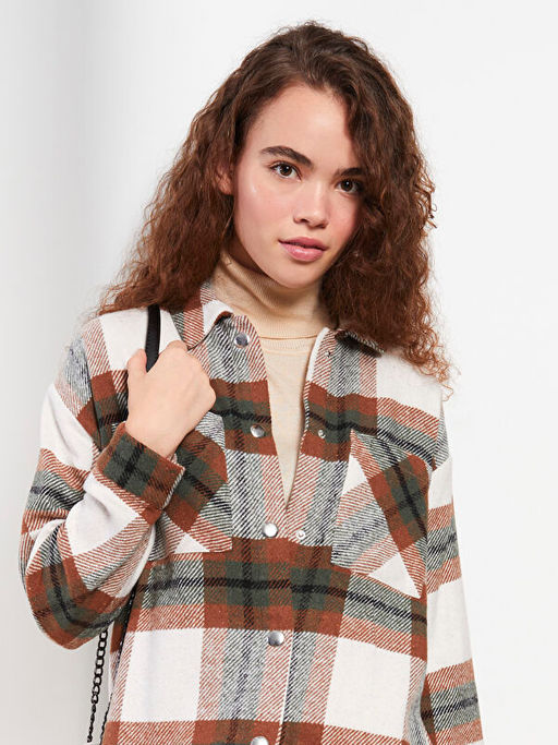 Ekose Uzun Kollu Oversize Gabardin Kad?n Oduncu G?mlek Ceket